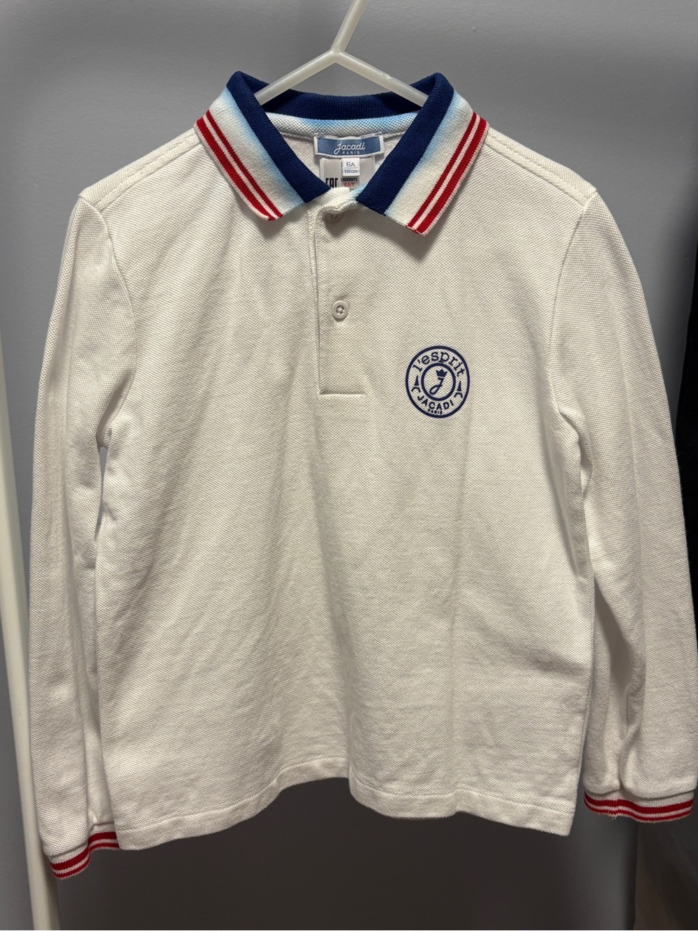 Jacadi White Long-Sleeve Polo Top with Navy & Red Trim Size 6A